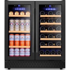 imageTylza 30 Inch Wine and Beverage Refrigerator Dual Zone Wine Beverage Cooler 30quot with French Door Under Counter Wine Beer Fridge BuiltIn or Freestanding Holds 29 Bottles and 110 Cans Black30 Dual Zone Wine Beverage Cooler Black