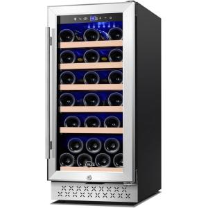 imageTylza 8 Bottle Wine Fridge Wine Cellar with LowE Tempered Glass Door LED Touchscreen Lock Frost Free No Vibration Wine Cooler Refrigerator for Red White Champagne or Sparkling Wine Black15 Wine Cooler Single Zone