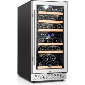 imageTylza Mini Fridge 15 Inch Wine Cooler Under Counter 30 Bottle Dual Zone Wine Fridge with Stainless Steel Wine Refrigerator Freestanding and Builtin Wine Cellars TYWC100