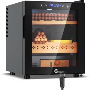 imageTylza 35L Humidor Cabinet 300 Counts Electric Humidors with Humidity amp Temperature Control Removable Spanish Cedar Wood Drawer LED Light Touch Control Humidors with Safety Lock Gift for Men50L