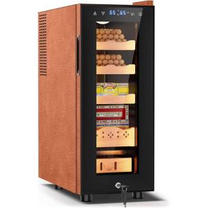imageTylza 35L Humidor Cabinet 300 Counts Electric Humidors with Humidity amp Temperature Control Removable Spanish Cedar Wood Drawer LED Light Touch Control Humidors with Safety Lock Gift for Men35L Leather