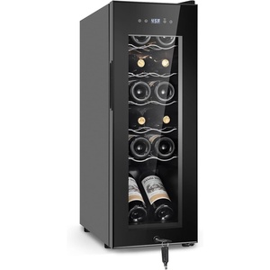 image:imageTylza 15 Inch Wine Fridge 30 Bottles Dual Zone Wine Cooler Refrigerator Undercounter or Freestanding 4065F Wine Cabinet with Tempered Glass Door Wine Cooler for Home Kitchen Bar11 12 Bottles Wine Cooler Black